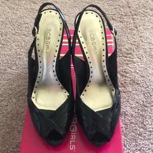 BCBGgirls Constance Black Snake Heels Size 7.5